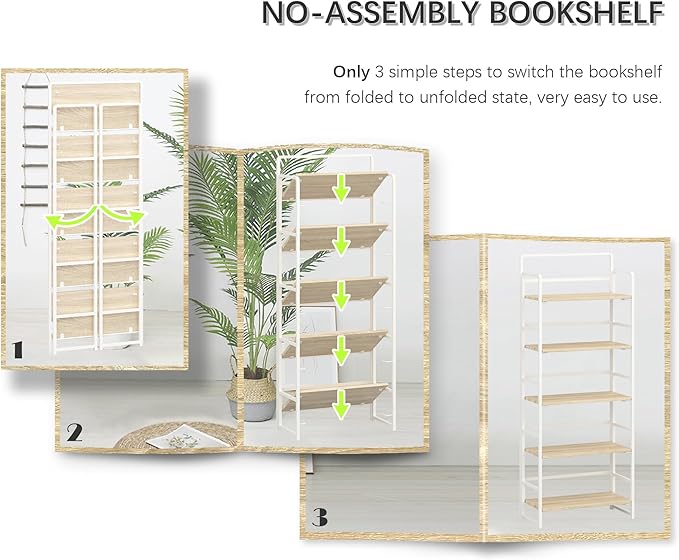 4NM No-Assembly 5 Tiers Folding Bookshelf Storage Shelves Vintage Bookcase Standing Racks Study Organizer Home Office (Natural and White)