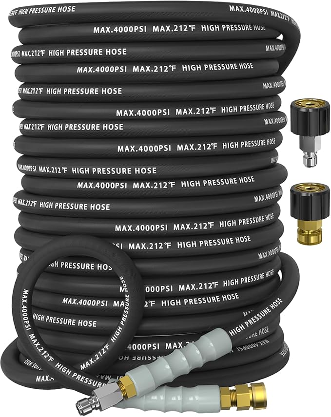 Pressure Washer Hose 150FT 4000 PSI, Kink Resistant Steel Braided Layer & NonMarking Rubber for Hot/Cold Water, High Power Washer Hose With 3/8 Inch Quick Connect & M22 Fitting, Black