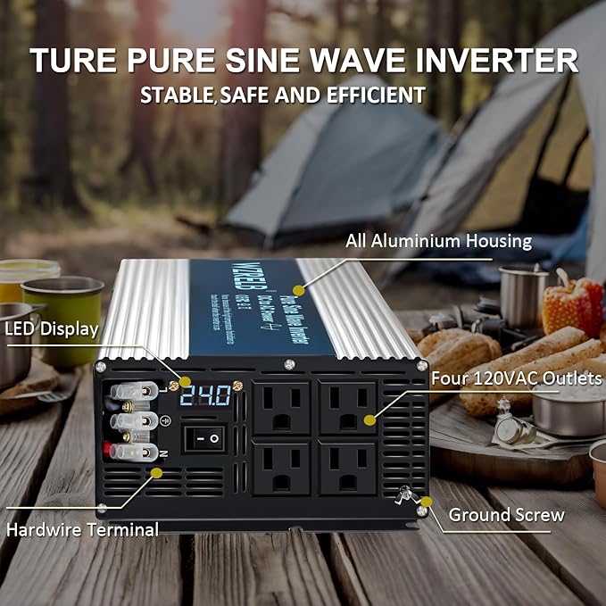 WZRELB 5000W Pure Sine Wave Inverter 24V DC to 110V 120V AC Power Converter with LED Display, Hardwire Terminal,Off-Grid Portable Power Inverter with 4 AC Outlets for Home, RV, Truck, Camping