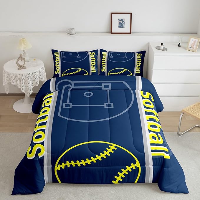 Feelyou Kids Softball Comforter Set Queen Size Sports Game Bedding Set for Boys Girls Teens Bedroom Decor Baseball Comforter Softball Gaming Theme Duvet Set with 2 Pillow Case