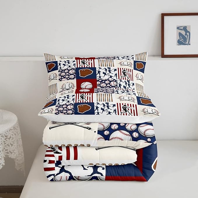 Erosebridal Kids Baseball Full Comforter Set for Boys,Teen Baseball Athlete Bedding Set Room Decor Sports Theme Bed Comforter Sets Baseball Bat Gloves Quilt Duvet with 2 Pillow Cases Red Navy Blue