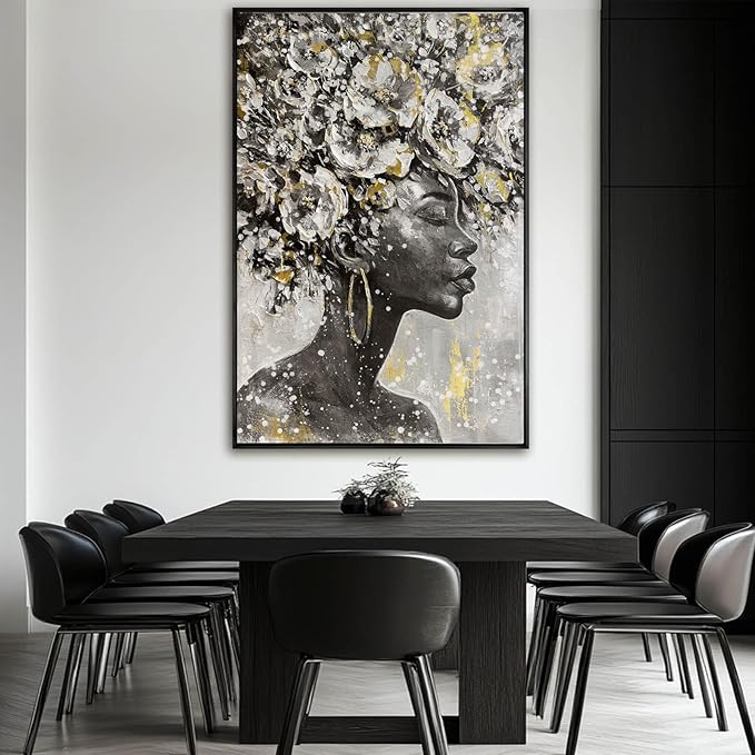 Large Black and Gold African American Wall Art with Framed Black Woman Office Bedroom Living Room Poster Home Hanging Decor 32x48 Inch