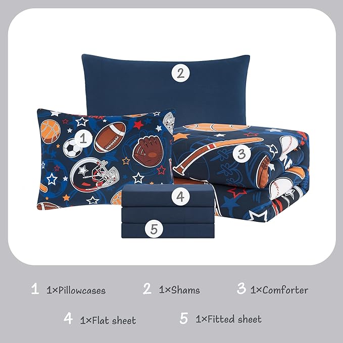 Sports Ball Games Twin Comforter Set with Sheets - 5 Pieces Kids Twin Bedding Sets for Boys, Glow in The Dark Baseball Basketball Football Soccer Twin Bed in a Bag for Kids, Teens