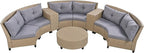 Outdoor 9 Pieces Patio Furniture Half Moon Wicker Sofa Sets, Fan-Shaped Curved Sectional Couch with Coffee Table and Gray Cushions, 1, Brown Rattan