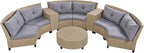 9 Pieces Outdoor Furniture Half Moon Wicker Patio Sets with Coffee Table, All-Weather Fan-Shaped Curved Sectional Sofa Couch with Gray Cushions, Onesize, Brown Rattan