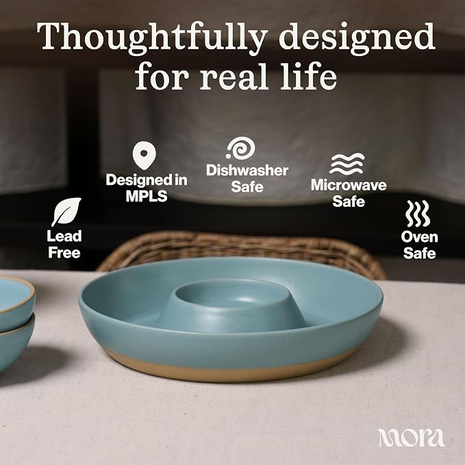 MORA Ceramic Chips and Dip Serving Tray: Large Divided Party Bowl Set for Chips & Salsa, Veggies & Dip, Fruit, Snacks, Entertaining, Hosting, etc. Minimalist Design for the Modern Hostess - Oat