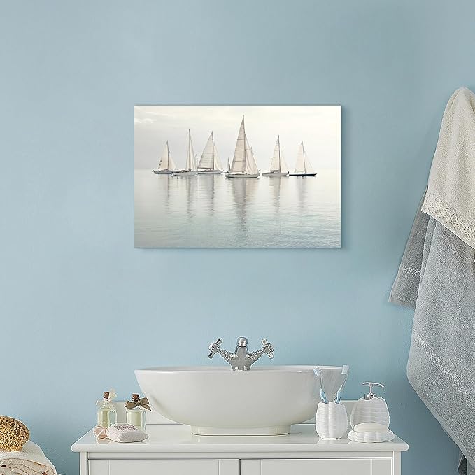Nautical Sailing Picture Wall Art - Coastal Sailboat Canvas Ocean Ship Prints Sea Level Boat Painting Artwork for Bathroom