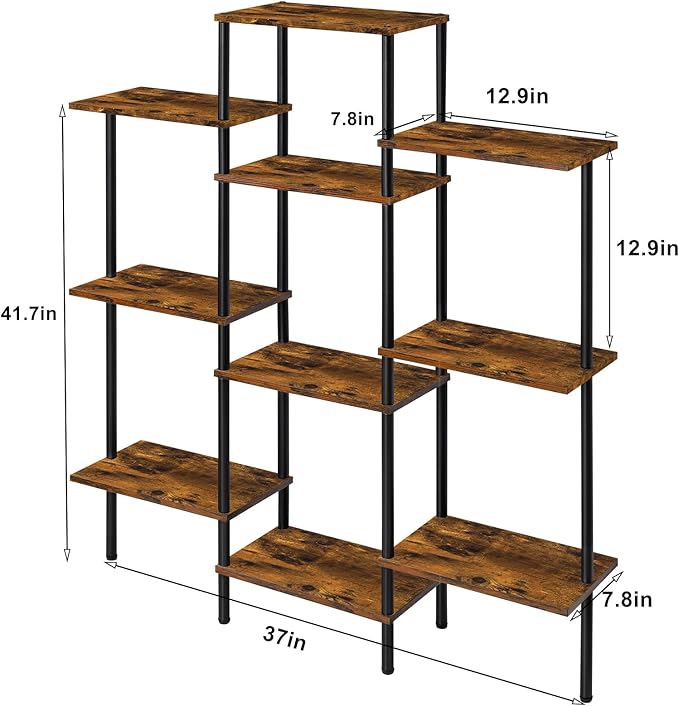 4-Tier Bookshelf,Small Triple Wide Bookcase for Books,CDs,Movies,Display Shelf with 10 Open Shelves for Living Room,Home Office,Balcony,Rustic Brown
