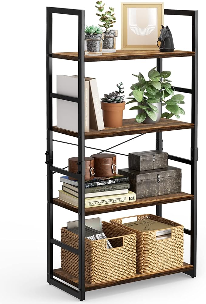 Pipishell Bookshelf, 4-Tier Bookcase, Storage Bookshelves, Tall Bookcase Shelf Storage Organizer, Book Shelf with Steel Frame, Vintage Standing Shelf for Home Office, Living Room, Bedroom, Kitchen