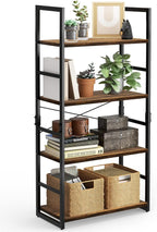 Pipishell Bookshelf, 4-Tier Bookcase, Storage Bookshelves, Tall Bookcase Shelf Storage Organizer, Book Shelf with Steel Frame, Vintage Standing Shelf for Home Office, Living Room, Bedroom, Kitchen