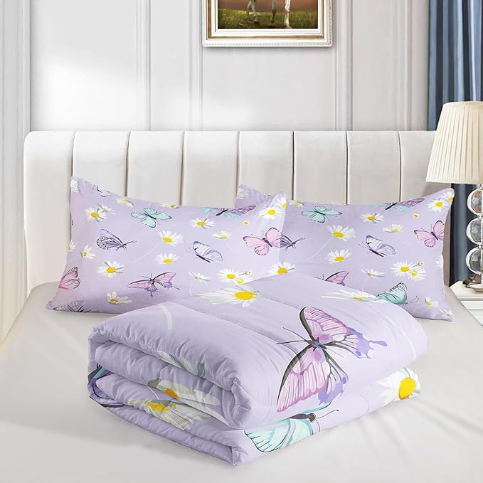 Butterfly Comforter Set for Kids Teens Girls Women,Daisy Kids Comforter,1 Comforter with 2 Pillowcase, Microfiber 3 Piece Bedding Set,for All Seasons(Purple，Twin Size)