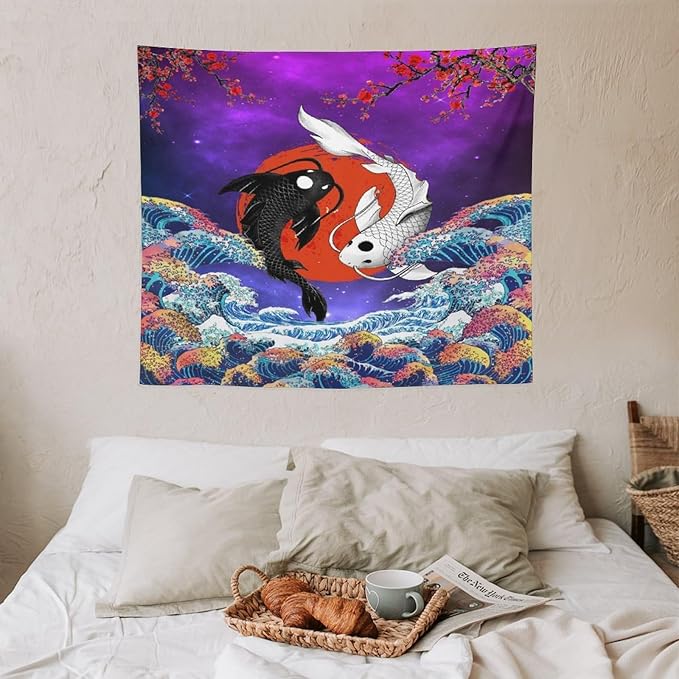 Houselerax Japanese Koi Fish Tapestry, Yin Yang Big Wave Cherry Blossom Tapestries Wall Hanging for Bedroom Living Room Office Decor 60"x50"