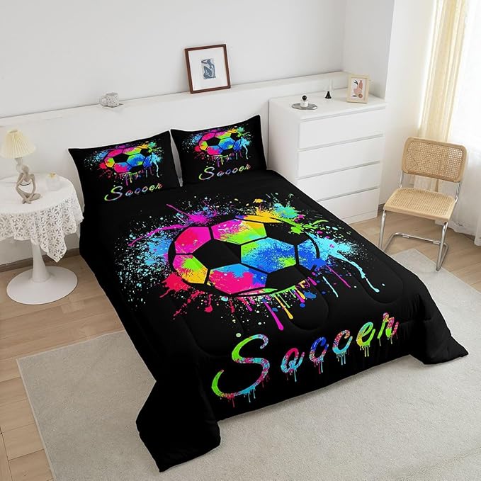Kids Soccer Ball Game Comforter Set Full Size Football Bedding Set for Boys Girls Teens Bedroom Decor Rugby Sports Comforter American Football Player Duvet Set with 2 Pillow Case