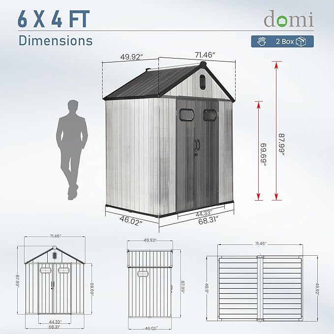 Domi 6x4 FT Outdoor Resin Storage Shed, All-Weather Double-Wall Storage Building for Backyard, Garden, Lawn Tools, Mower, Bike & Pool Equipment, Lockable Doors, Ventilated Roof, Grey