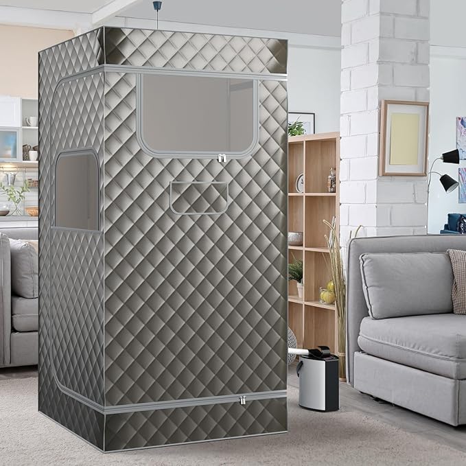 Giantex Portable Sauna Box, Full Body Steam Sauna for Home with 3L Generator, Remote Control, Folding Chair & Wooden Foot Roller, Lightweight Single Person Sauna Tent, 36" x 36" x 72", Gray