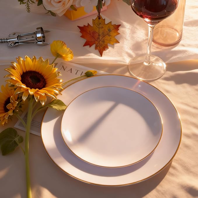 KIRE 60PCS Gold Plastic Plates - Thanksgiving Heavy Duty White Disposable Plates with Gold Rim for Party/Wedding- Include 30Pieces 10.25inch Dinner Plate and 30Pcs 7.5inch Dessert Plate