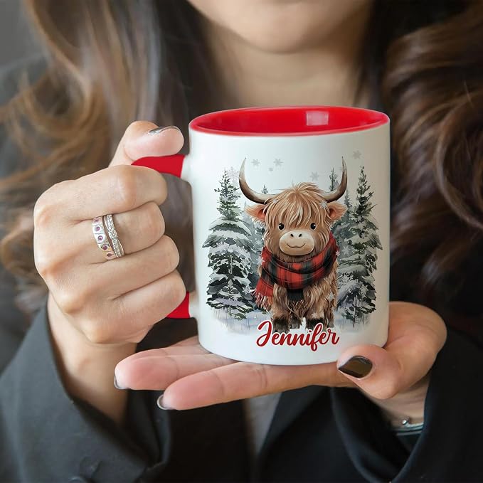Hyturtle Personalized Winter Highland Cow Coffee Mug for Christmas Birthday | Highland Cow Lovers Gift Ideas for Women Men - 11oz Two Tone Color Red/White Ceramic Tea Mug Cup, Comfort grip handle