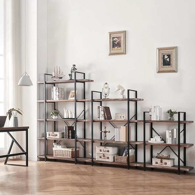 HOMISSUE Bookshelf,5-Tier Bookshelf Industrial Bookcase and Bookshelves,Rustic Storage Rack with Open Shelves for Living Room Bedroom and Kitchen,Retro Brown