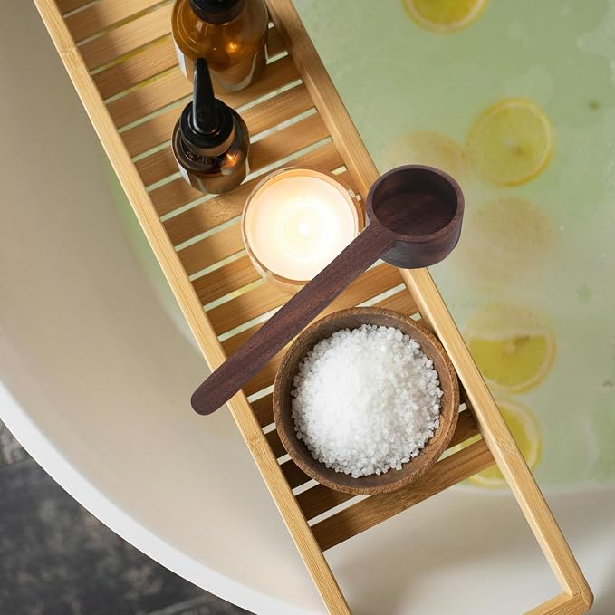 OUNONA Wooden Bath Salt Scoop with Long Handle for Comfortable Massage and Durability, for Home and Hotels, Coffee Color, Small Wooden Spoon for Salts