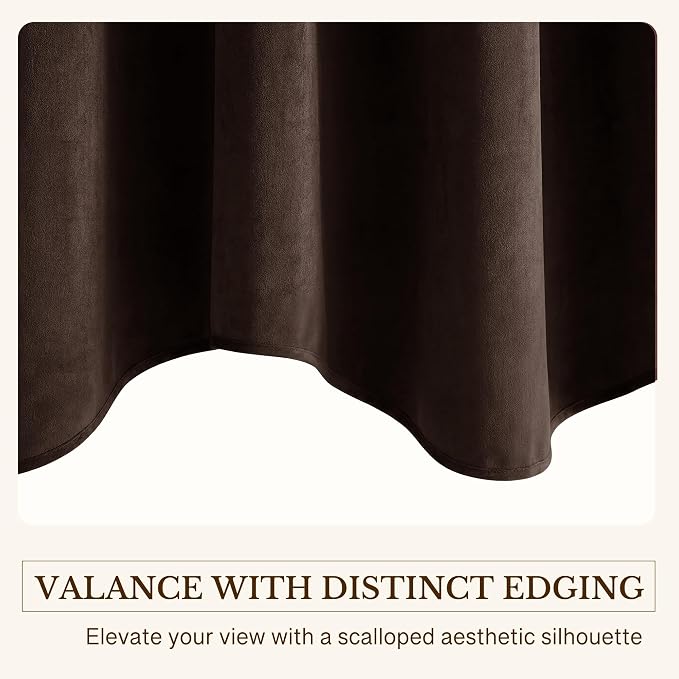 Brown Valance for Windows 52x18 Inch 1 Panel | Solid Velvet Wavy Kitchen Curtains for Small Window, Autumn Traditional Home Decor Window Treatment for Living Room