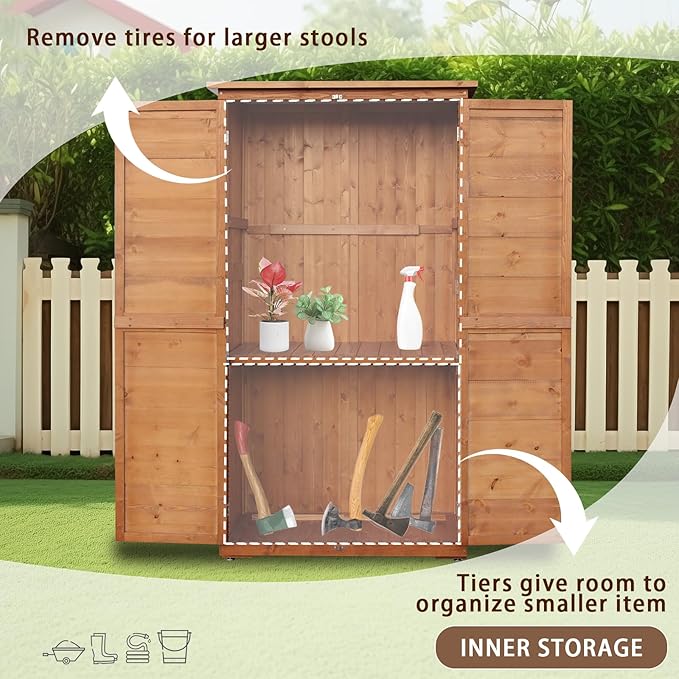 Outdoor Storage Cabinet, Wood Garden Shed, Pool Storage Shed with Lockable Door, Waterproof Roof and 2 Removable Shelves, Vertical Outside Storage Shed for Patio, Backyard and Lawn, Oak Brown
