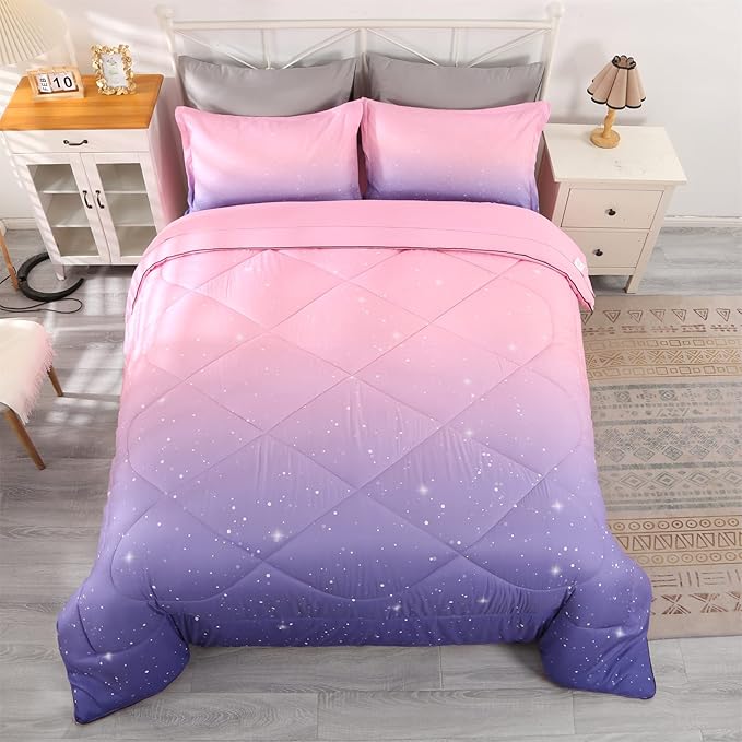 Wowelife Glitter Teen Bedding Sets for Girls Gradient Full Size 5 Pieces Comforter Set Pink Purple Kids Comforter Sets Lightweight with Comforter, Flat Sheet, Fitted Sheet and 2 Pillowcases