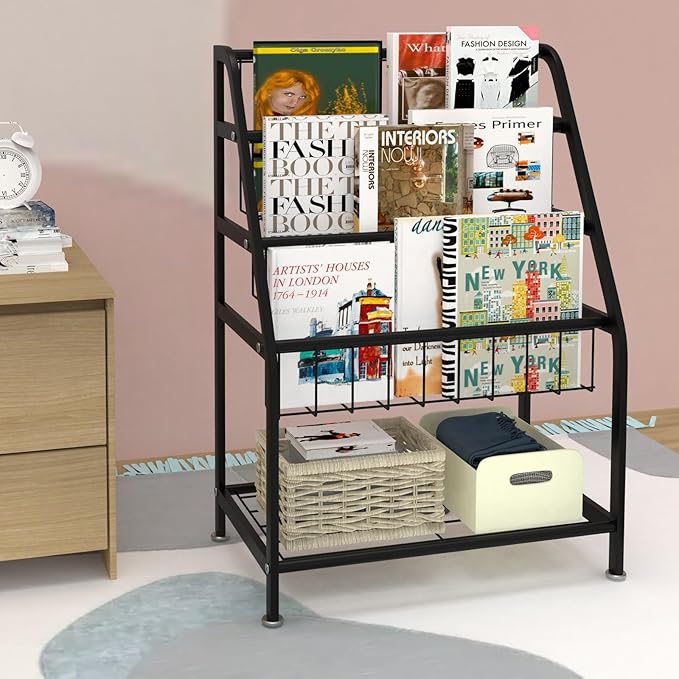 Kids Bookshelf Freestanding for Children Room 18 Inches Black Metal Bookcase Large Capacity Books Toys Organizer Stable 5 Tiers Kids Book Rack for Playroom Bookstore Library.