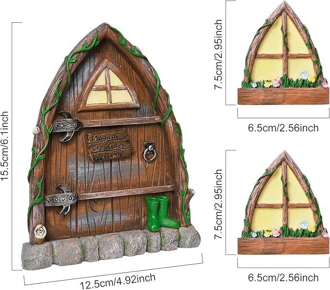 Resin Fairy Door and Window for Trees,Glow in The Dark,Miniature Fairy Garden Accessories,Garden Outdoor Decor for Trees,Gnomes House，Elf House