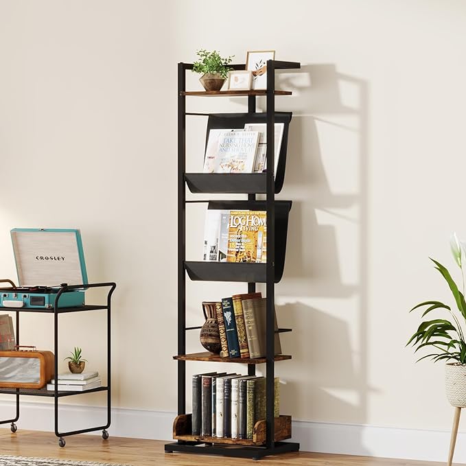Bookshelf 5-Tier Book shelf: Tall Narrow Bookshelf Bookcase, Industrial Modern Sturdy Display Bookshelves for Small Spaces, Rustic Brown