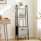 Narrow Bookshelf Bookcase with Drawer, Ladder Shelf with 2 Hooks, Bookshelves Storage Organizer, Freestanding Display Standing for Home Office, Bedroom, 4 Tier Greige BC19405B
