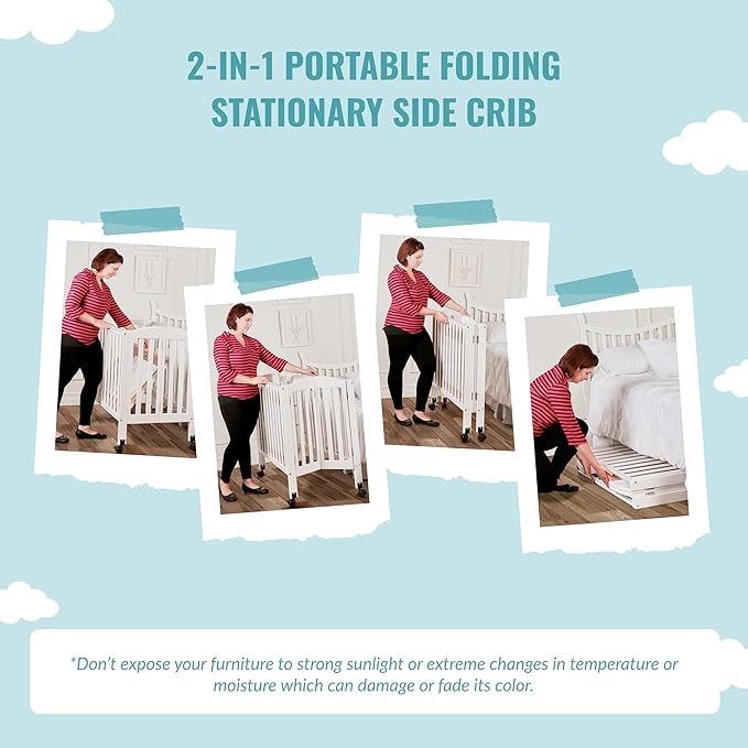 2-in-1 Portable Folding Stationary Side Crib in Storm Grey, Greenguard Gold Certified, Two Adjustable Mattress Height Positions,Made of Solid Pinewood, Flat Folding Crib