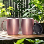 Stainless Steel Insulated Coffee Mugs Set of 2 (14 oz) – Double Wall Coffee Cups with Spill-Resistant Lid and Strong Handle, Shatterproof Cups for Cold Drinks & Hot Beverages - Rose Gold