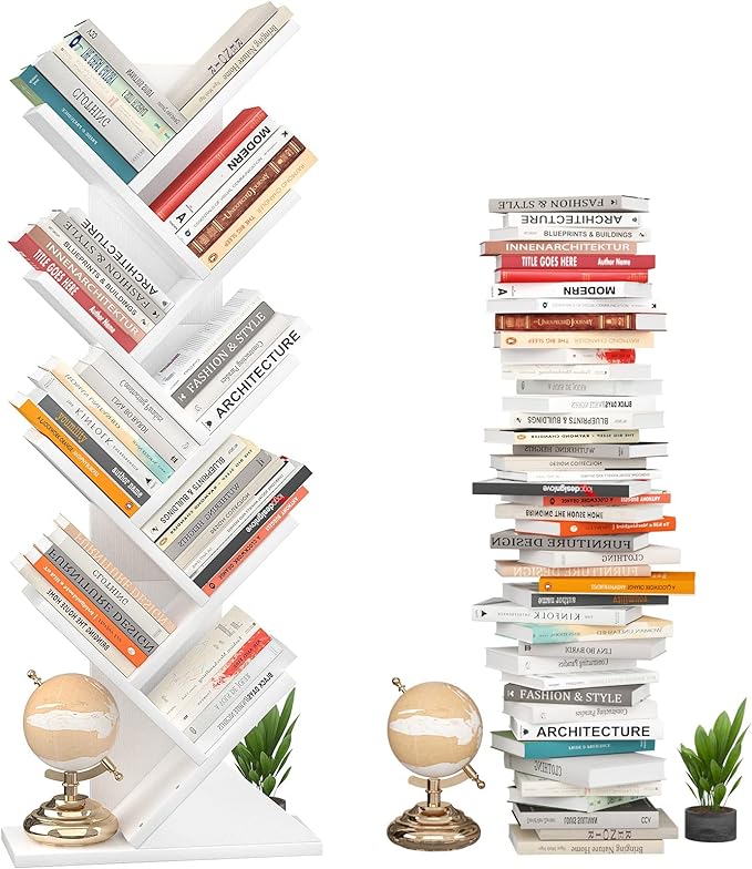 Topfurny Tree Bookshelf, 9-Tier Shelf Rustic Brown Bookcase, Retro Wood Storage Rack for CDs/Movies/Books, Anti-Fall Utility Organizer Shelves for Living Room, Bedroom, Home Office, White
