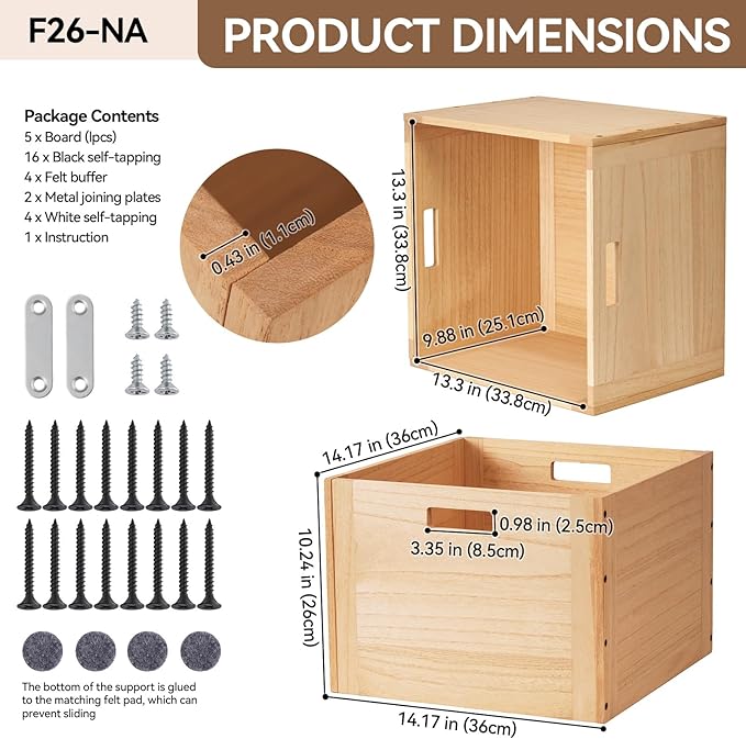 KIRIGEN Stackable Wood Storage Cube/Basket/Bins Organizer for Home Books Clothes Toy Modular Open Cubby Storage System - Office Bookcase Closet Shelves F26-NA