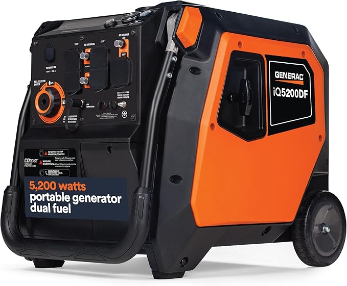 Generac 5,200-Watt Dual-Fuel Portable Inverter Generator - Gas and Propane Compatible - Quiet Operation - Clean, Stable Power - CA Compliant - Great for Home Backup, Camping, and RV Use