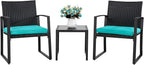Shintenchi 3 Pieces Outdoor Patio Furniture Set, Modern Wicker Bistro Set, Conversation Rattan Chair of 2 with Coffee Table for Yard Porch Poolside Lawn(Blue Cushion)
