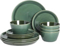Gibson Elite 12 Piece (Service for 4) Fern Canyon Plates and Bowls Reactive Glaze Modern Coupe Round Dishes Stoneware Ceramic Dinnerware Set - Glossy Green