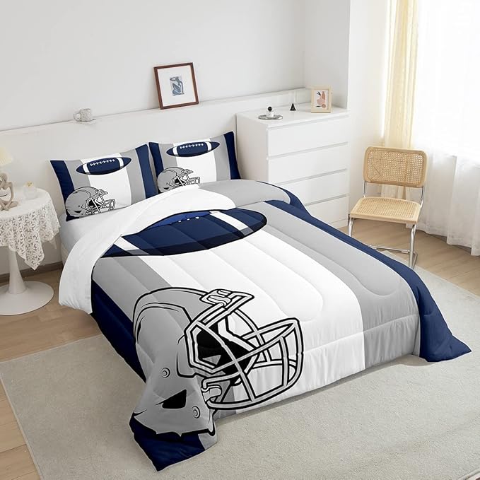 Feelyou Kids Football Comforter Set Full Size Rugby Sports Bedding Set for Boys Teens Decor Soccer Ball Game Comforter American Football Grey Blue Duvet Set Quilt 3Pcs Boys