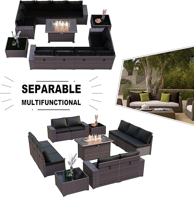 Kullavik 13 Pieces Outdoor Patio Furniture Set with 43" 55000BTU Gas Propane Fire Pit Table PE Wicker Rattan Sectional Sofa Patio Conversation Sets,Black