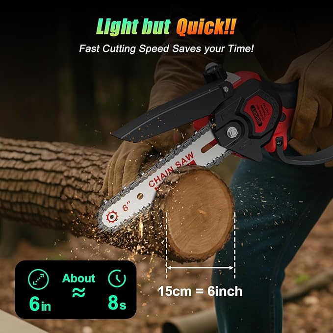 6 Inch Mini Chainsaw Cordless, 24V 2000mAh Rechargeable Battery, Auto-Oil, Lightweight & Safe Chainsaw for Women/Men/Seniors/Craftsman, Garden Tree Cutting, Wood Pruning Tool