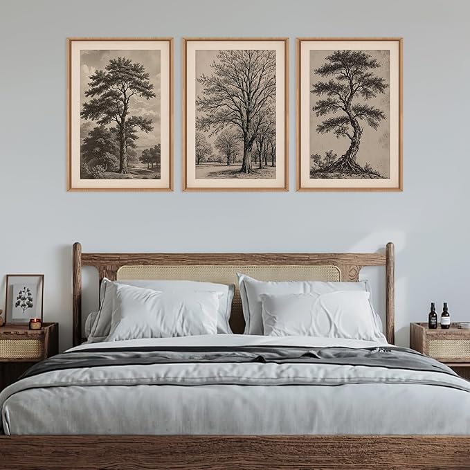 HPINUB Vintage Sketch Tree Framed Canvas Wall Art Set,Modern Nature Botanical Wall Decor, Antique Wilderness Tree Artwork,Minimalist Neutral Art Prints for Living Room,Bedroom,Farmhouse-24 x36 x3