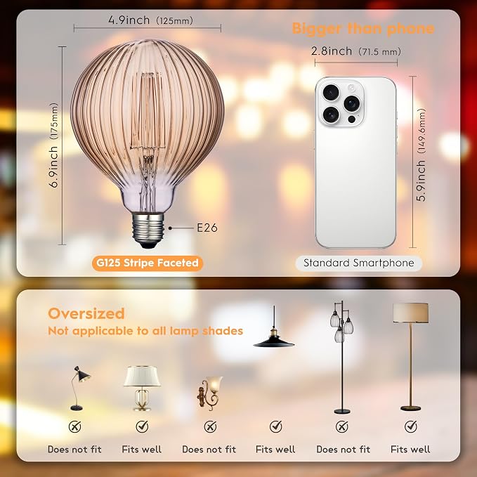 G125 LED Filament Bulb,4W Dimmable E26,2200K Amber Glass,4 Pack | Decorative Oversized Edison Bulb, Squirrel Cage Filament, Dim, For Indoor & Outdoor Cafe, Hotel, Kitchen & Dining Room Decor