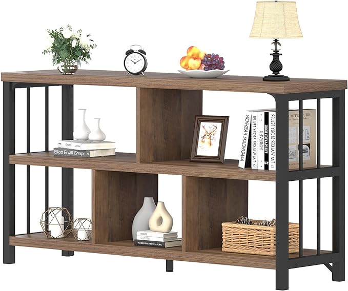 IBF 5 Cube Storage Organizer, Industrial Low Horizontal Bookshelf, Modern Wide Wood and Metal Bookcase with Book Storage, Short Open Cubby Book Shelf for Office Bedroom Living Room, Rustic Oak, 47 in