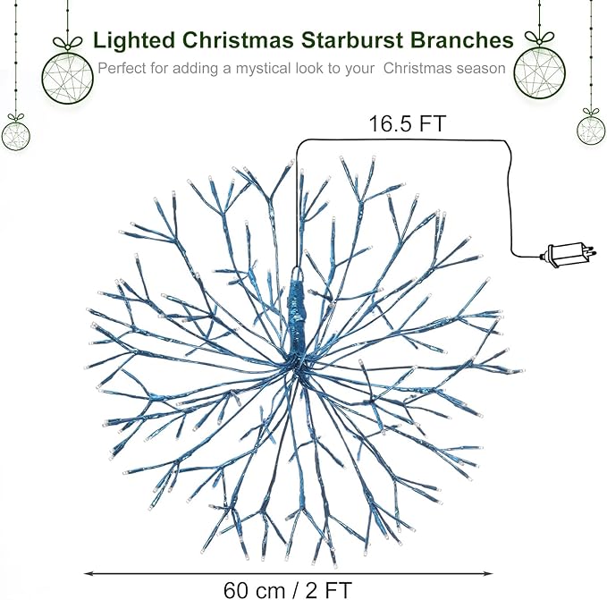 Christmas led Sparkle Ball Hanging Outdoor décorations -Haning Twig Ball,Snowflake Ornament Lights Indoor Outdoor Festive Holiday Décor 24Inch (Blue)