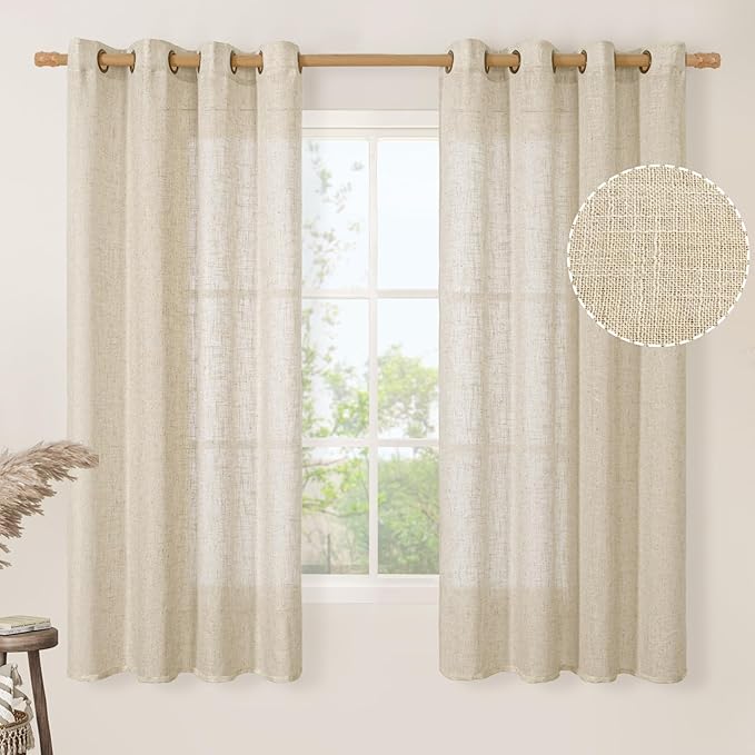 LAMIT Light Filtering 63 inch Length Sheer Curtains, Soft Semi Sheer Linen Textured Bronze Grommet Neutral Boho Drapes for Living Room/Bedroom, 2 Panels Set, 52 x 63 Inch, Linen