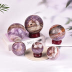 JIC Gem Natural Amethyst Agate Crystal Sphere with Wooden Stand Amethyst Decorative Crystal Gemstone Sphere for Meditation Feng Shui Witch-Style Decor Table 70-80mm