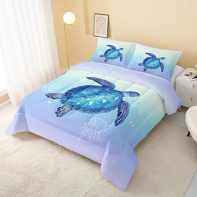Turtle Comforter Full Size,Ocean Comforter Set for Kids Teens Girls Boys,3Pcs Bedding Set Printed Comforter with 2 Pillowcases,Down Alternative,Soft and Lightweight(Blue，Full Size)