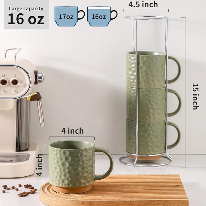 Nihow 16 Oz Ceramic Coffee Mug Set of 4 with Stackable Stand,Matte Green | Stackable, Stainless Stand Included, Cappuccino & Tea, Hot/Cold Drinks, Dishwasher & Microwave Safe