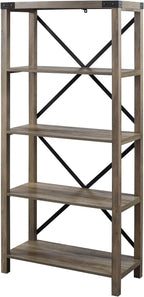 Walker Edison Andersen Urban Industrial Metal X Back 4 tier Bookshelf, 64 Inch, Grey Wash
