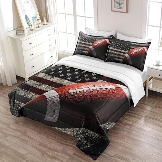 American Football Comforter Set for Boys Teens,Kids Sports Bedding Set Twin Size,USA Flag Football Printed Bedroom Sets with 2 Matching Pillow Shams